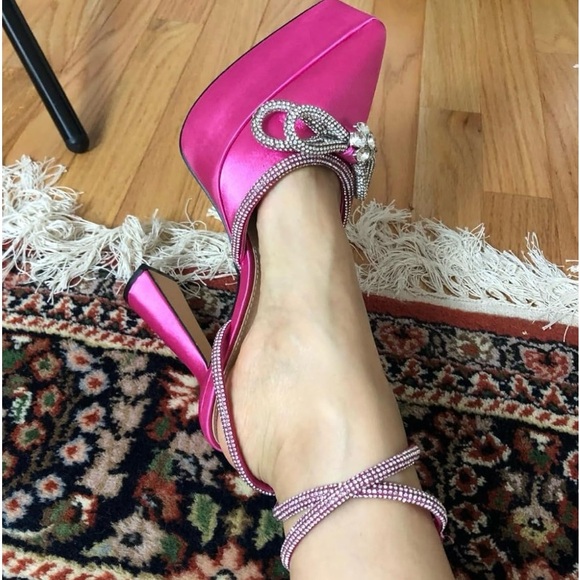 Barbie Pink Satin High Heels Ankle Strap Pointed Toe Rhinstone Elle woods - Picture 11 of 12